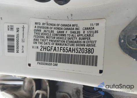 2010 Honda Civic Lx-S из США, поврежденный, VIN 2HGFA1F65AH520380